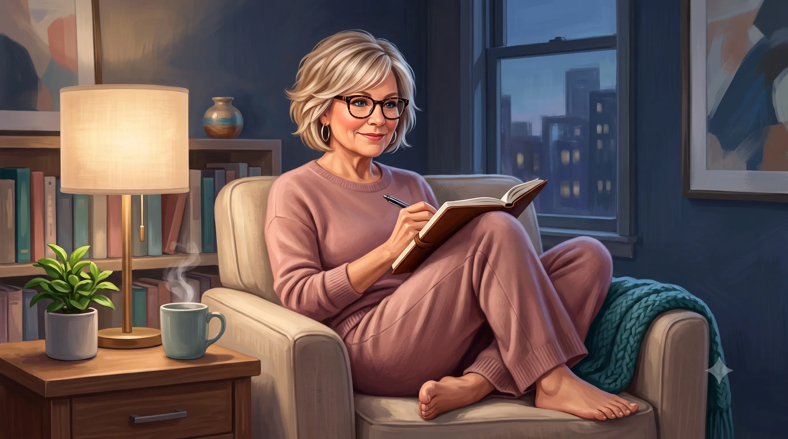 Business owner relaxes barefoot in an armchair, journaling by lamplight with a cup of tea, city skyline visible through the window at dusk.
