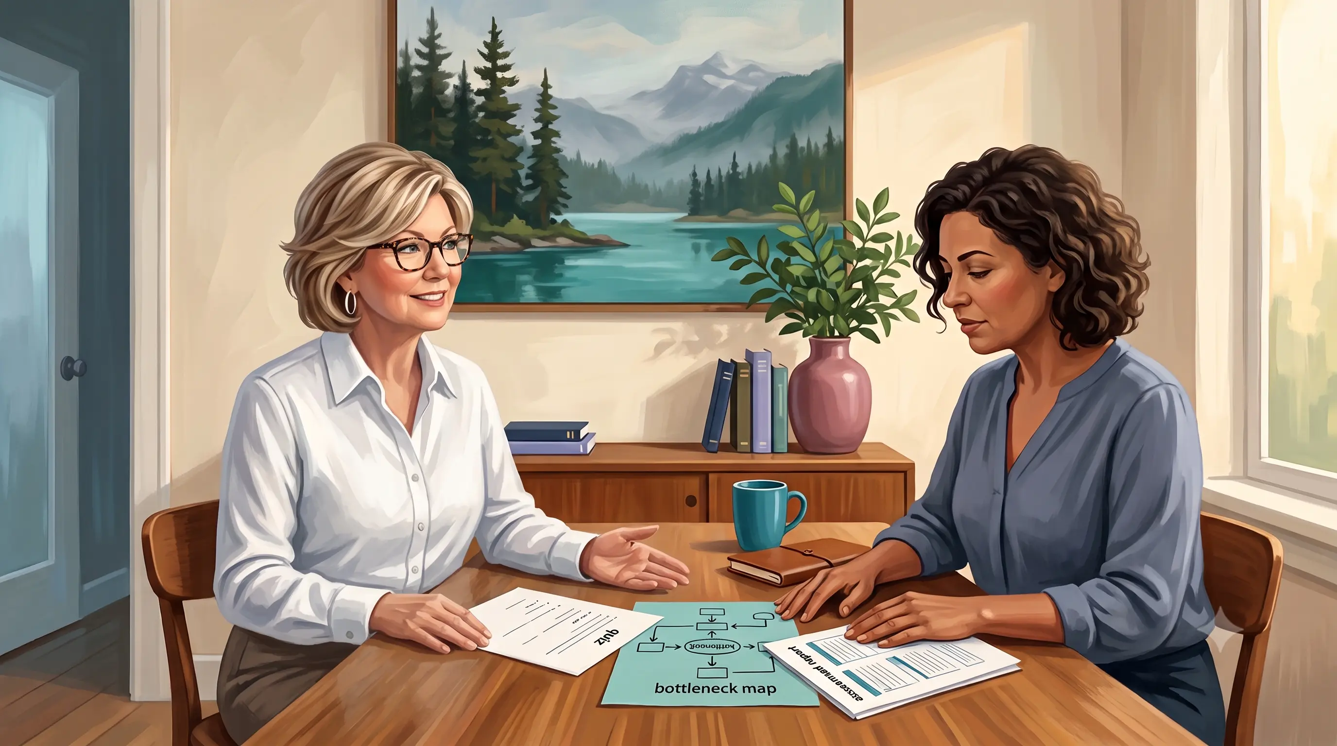 Business strategist in a white blouse reviews a bottleneck map and assessment report with a client at a wood table, the labeled 'quiz' page set aside, mountain landscape painting behind them.