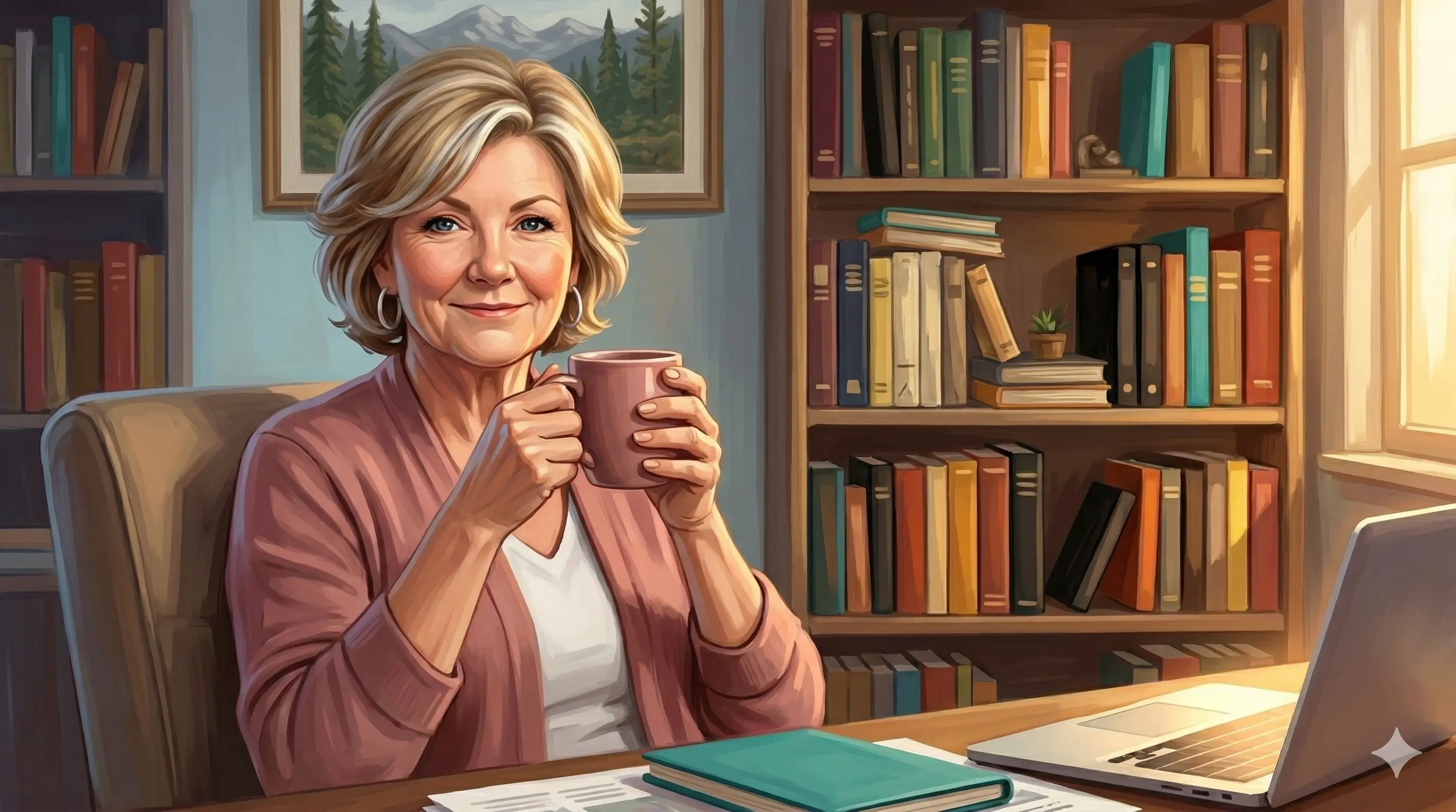 Semi-realistic illustration of Lynn Matson, holistic operational consultant, seated at her home office desk holding a dusty rose coffee mug in both hands, smiling warmly at the viewer. Colorful bookshelves fill the background with a Pacific Northwest landscape painting above, a teal notebook and open laptop sit on the desk, and warm golden afternoon light streams through a window to the right.