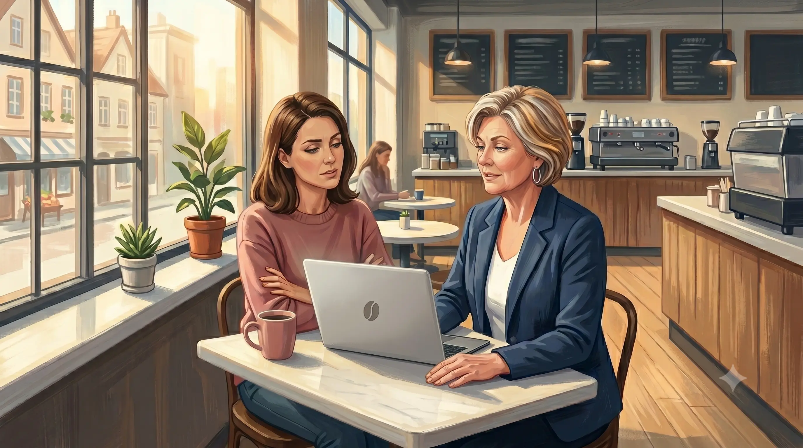 Semi-realistic illustration of Lynn Matson consulting with a client over a laptop at a sunlit café, both focused on screen