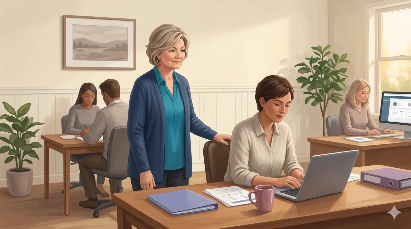 A small business owner stands back calmly as her team works, delegating without losing control of the outcome.